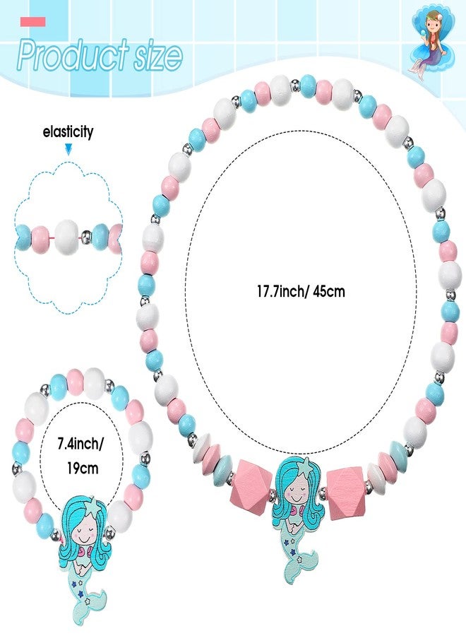 ميتلي مجموعة مجوهرات Mtlee للبنات، 4 قطع، تتضمن قلادة وسوار أميرة مزينين بخرز خشبي ملون، مع قلادة على شكل حورية بحر وحيد القرن، مثالية للعب التخيلي، هدية رائعة لحفلات الأطفال الصغار. - Image 2